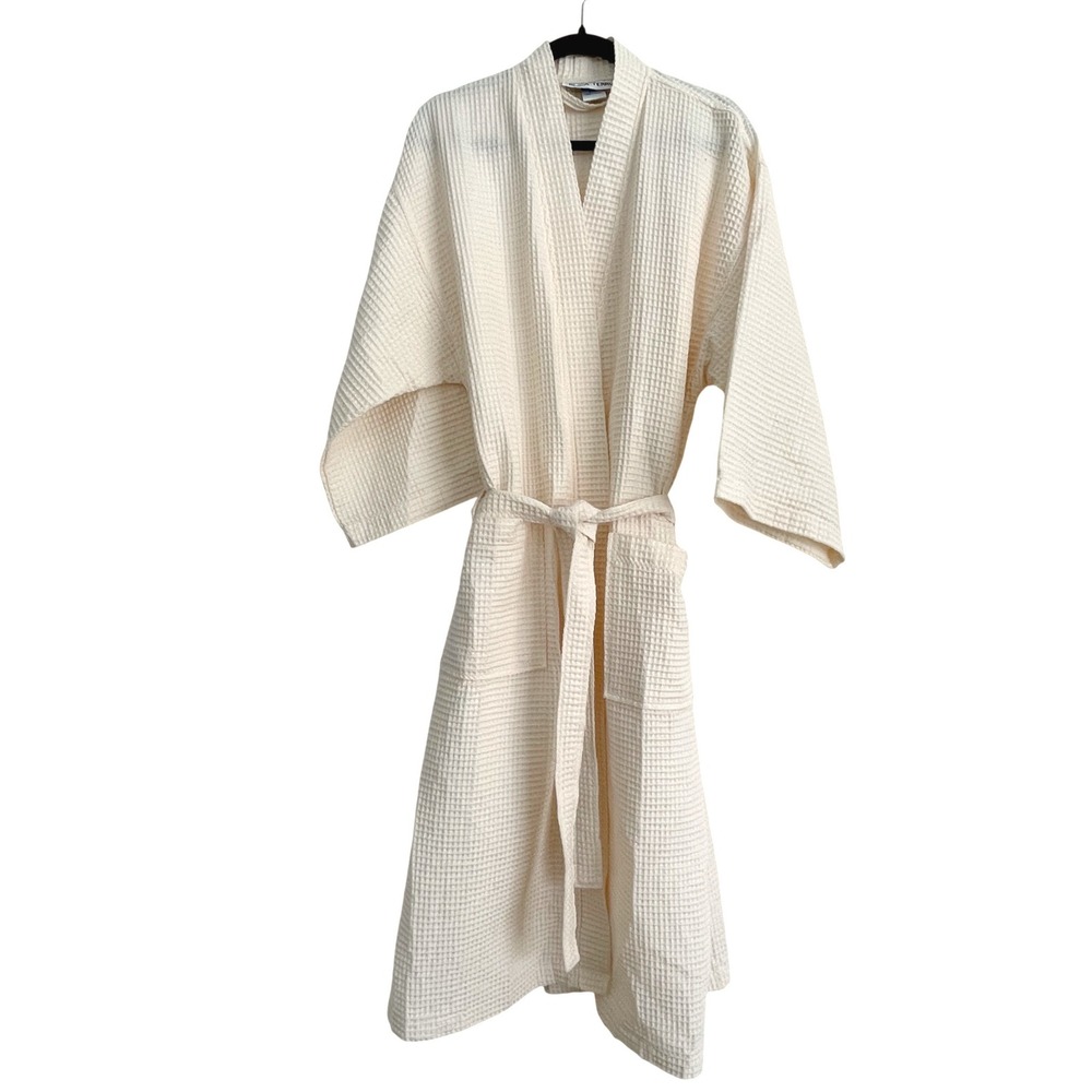 Boca Terry Waffle Knit Bathrobe White Kimono Spa Robe One Size OS Cotton Blend